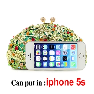 Grape rhinestone clutch evening bag with gold leaf overlay and iPhone size reference
