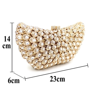 Detailed size specifications of the gold rhinestone evening clutch bag 23cm x 14cm x 6cm