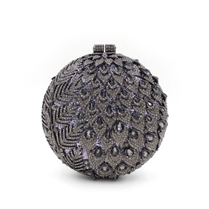 Spherical crystal clutch bag with charcoal peacock feather rhinestone pattern