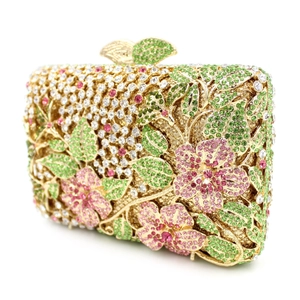 Luxury floral rhinestone evening clutch bag with crystal leaf clasp and gold frame