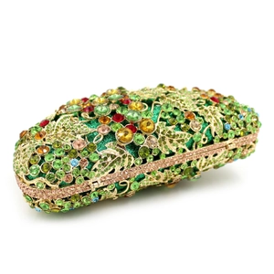 Luxury rhinestone evening clutch with colorful crystals and gold metal hollow pattern