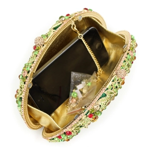 Luxurious metal frame clutch with grape pattern rhinestones and detachable gold chain strap