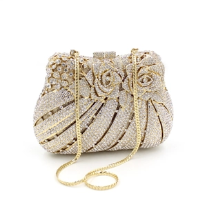 Luxus Abend Clutch Tasche Damen Metall Rose Blume Strass Kristall Party Handtasche Mit Abnehmbarer Kette