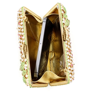 Luxury rhinestone evening clutch bag with gold chain and interior space for smartphone