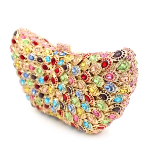 Detailed close-up of a floral rhinestone evening clutch with colorful crystals