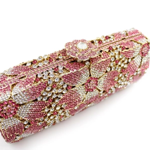 Luxury metal clutch bag with pink and white floral rhinestones and crystal flower clasp