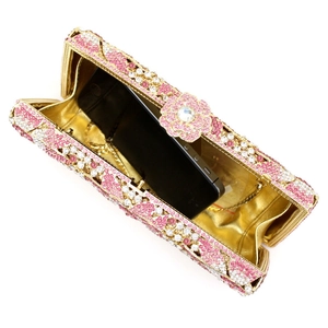 Elegant rhinestone evening clutch bag with flower clasp and gold chain strap