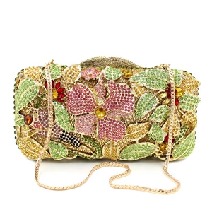 Pochette de luxe avec fleurs en strass roses et chaîne dorée pour femmes
