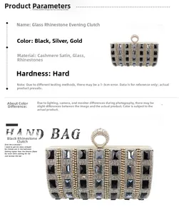 Detailed chart showing rhinestones evening clutch bag materials and dimensions