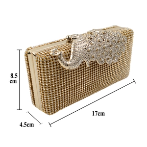 Peacock crystal evening clutch with dimensions 17x8.5x4.5cm showing detailed measurements