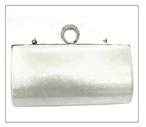 Silver glitter evening clutch back view featuring rhinestone ring clasp and metal chain hooks