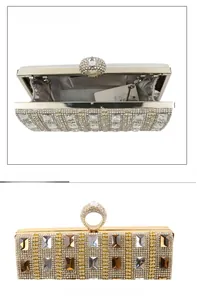 Close-up of evening clutch with rhinestone inlay and crystal ring clasp mechanism
