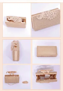 Detailed views of gold evening clutch featuring crystal peacock clasp and chain strap