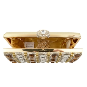 Luxe evening clutch bag with brown crystals, large pearl clasp and gold chain strap