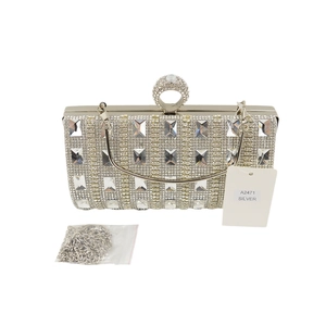 Silver crystal evening clutch bag with ring clasp and detachable chain strap detail