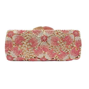 Elegant floral rhinestone evening clutch bag with pink crystals and metal frame
