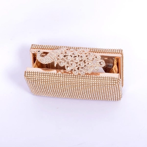 Rose gold peacock evening clutch bag with sparkling rhinestones and chain strap
