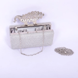 Sparkling silver peacock evening clutch bag with diamond rhinestones and detachable chain