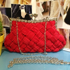 Women Elegant Woven Satin Satin Evening Clutch Bag For Wedding Party Formal Dress Handbag With Rhinestone Metal Frame