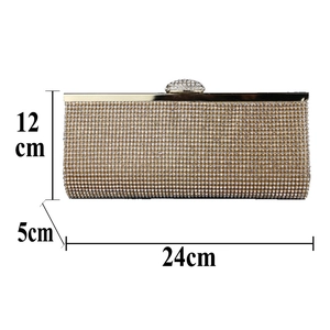 Detailed size guide of gold rhinestone evening clutch bag: 24cm long, 12cm high, 5cm wide