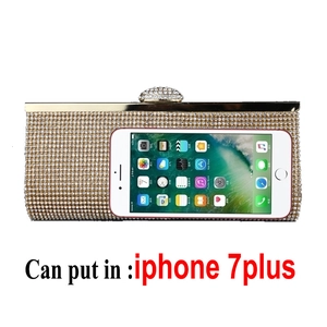 Detail view of rhinestone evening bag capacity showing space for an iPhone 7 Plus