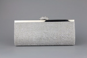 Sparkling silver rhinestone evening clutch bag with crystal rectangle hard shell frame