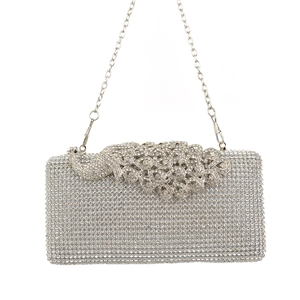 Elegant silver peacock evening clutch bag with sparkling rhinestones and chain strap