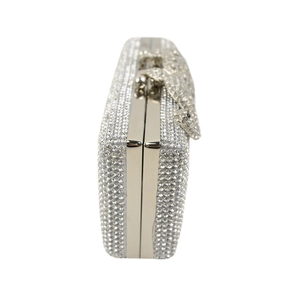 Silver crystal evening clutch bag with leopard clasp and dense rhinestone embellishments