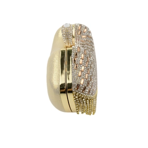 Champagne gold rhinestone evening clutch with crystal tassels and metallic frame