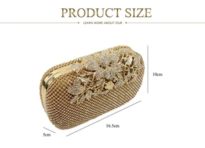 Size specifications of gold evening clutch with crystal leaves and diamond floral design