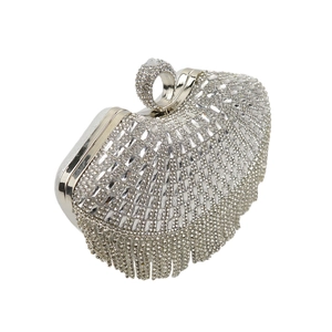 Silver evening clutch bag featuring shimmering rhinestones and long tassel fringe details