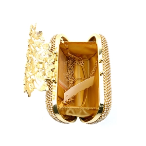 Golden leaf rhinestone evening clutch bag with sparkling crystals and metal chain