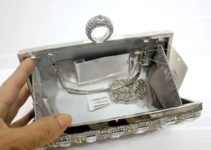 Silver rhinestone evening clutch bag with ring clasp and detachable chain strap