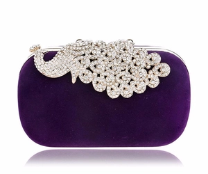 Luxury peacock evening clutch bag with purple velvet and sparkling crystals