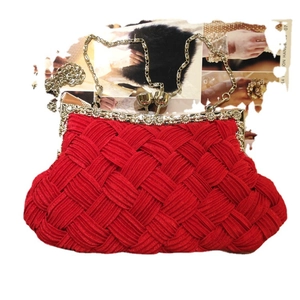 Red woven satin evening clutch bag with sparkling rhinestone trim and gold chain strap