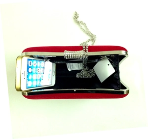 Red velvet evening clutch bag with diamond rhinestones and silver chain strap