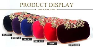 Velvet evening clutch bags in multiple colors with luxury rhinestone leaf and flower details