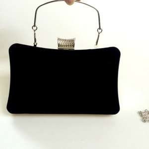 Classic black velvet evening clutch with silver metal handle and detachable chain strap