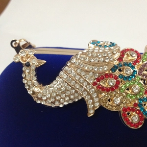 Detail of colorful peacock buckle with rhinestones on luxury navy velvet clutch bag