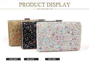 Detailed comparison of sparkling colorful rhinestone evening bags in gold black and silver