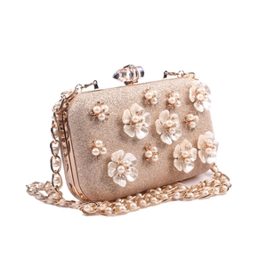 Artificial Pearl Flower Evening Clutch Bag Glitter 3D Petal Rhinestone Luxury Champagne Gold Party Wedding Handbag With Chain