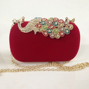 Luxury Women Velvet Evening Clutch Bag With Rhinestone Peacock Clasp Detachable Chain For Wedding Party Banquet