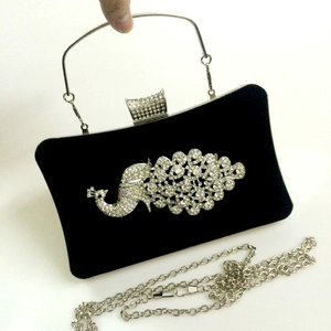 Peacock Rhinestone Evening Clutch Bag Velvet Handbag With Silver Metal Handle And Chain Strap For Women Party Wedding
