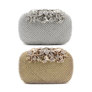 Women Rhinestone Evening Clutch Bag Elegant Luxury Floral Leaf Clasp Hard Shell Banquet Wedding Party Handbag
