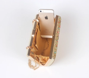 Golden mermaid rhinestone clutch bag with colorful crystals and chain strap view