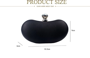 Detailed size specifications for the black faux leather evening bag with crystal clasp