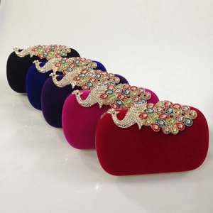 Peacock crystal velvet evening clutch bags in various colors for formal party dresses