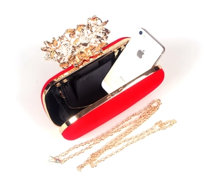 Red velvet evening clutch bag with golden leaf handle and chain strap for women