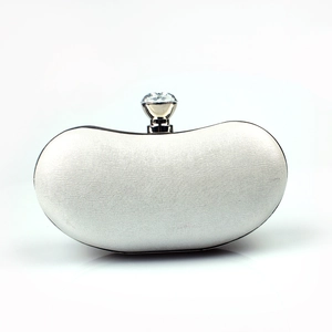 Elegant white satin evening clutch bag with crystal clasp and silver metal frame