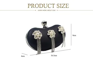 Size chart for black evening clutch bag with diamond flowers and tassel details